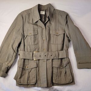 J. Jill Belted Safari Jacket Khaki Button Front Collared Mid-Length Pockets
